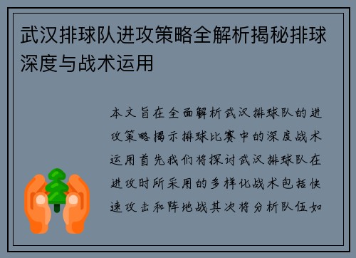 武汉排球队进攻策略全解析揭秘排球深度与战术运用
